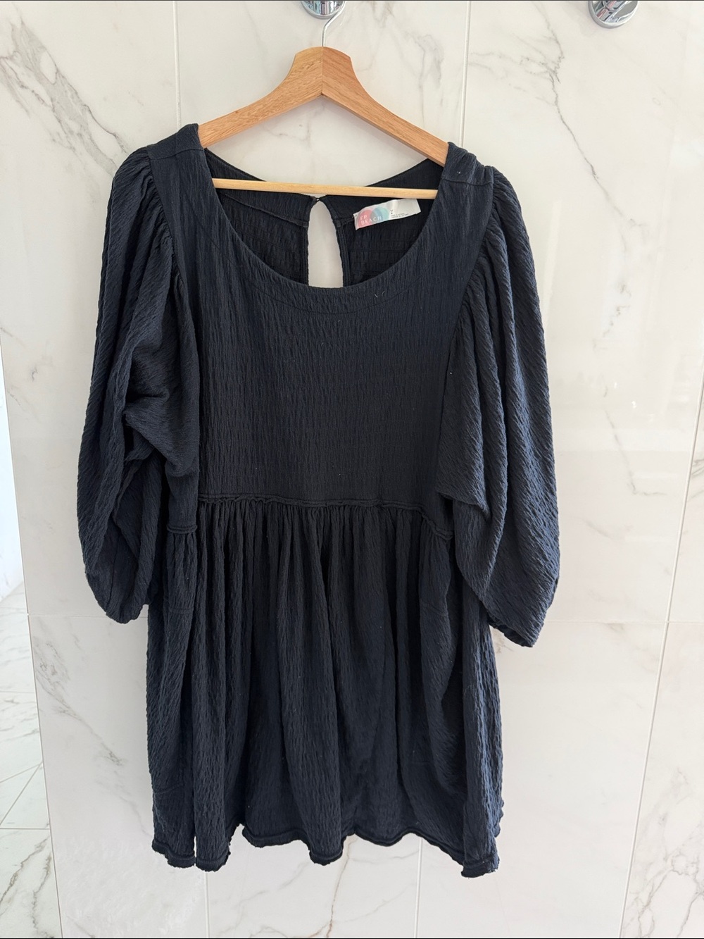 Free People Black Puff-Sleeve Smocked Babydoll Tunic
